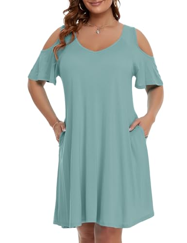 Image of JollieLovin Womens Plus Size Short Sleeve Cold Shoulder V Neck T-Shirt Dress with Pockets