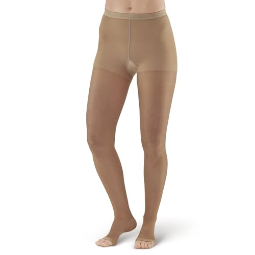 Ames Walker AW Style 15OT Sheer Support 15-20 mmHg Moderate Compression Open Toe Pantyhose Beige Queen Plus