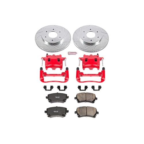 Image of PowerStop Front Brake Kit for Nissan Armada 2005 |Pathfinder Armada 2004 |TITAN 2004-05 - Carbon-Fiber Ceramic Brake Pads + Drilled & Slotted Rotors + Red Powder Coated Calipers, KC2442