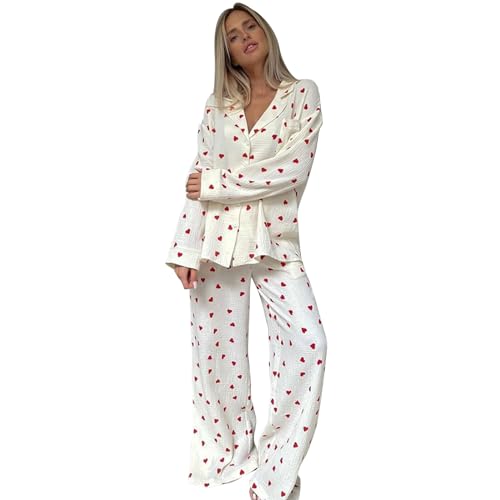 Gerrit Ensemble Pyjama Femme Coton imprimé Coeur Deux pièces, Chemise boutonnée à Manches Longues et Pantalon Large (Color : White, Size : Small)