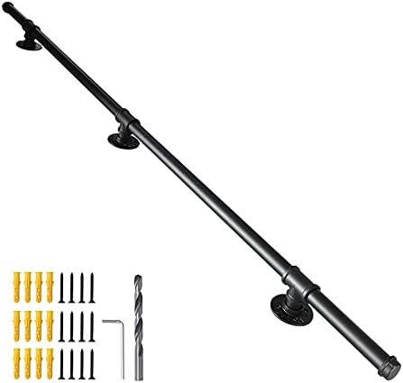 SCIEO 5FT Staircase Handrail with 3 Wall Mount Support Industrial Loft Straight Style Pipe Banister Metal Galvanized Steel Grab Bar Hand Railing Indoor Outdoor Deck Hand Rail, Black