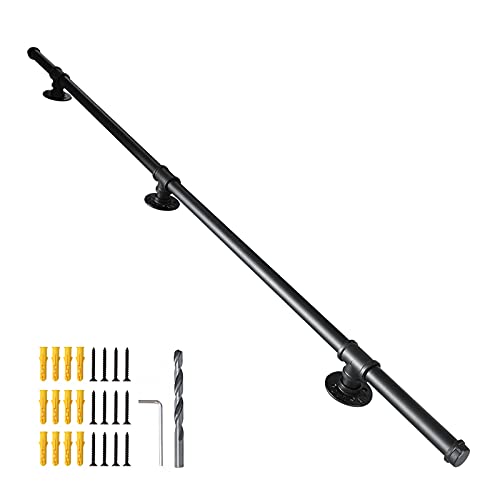 Scieo 5Ft Staircase Handrail With 3 Wall Mount Support Industrial Loft Straight Style Pipe Banister Metal Galvanized Steel Grab Bar Hand Railing Indoor Outdoor Deck Hand Rail, Black #TOP11