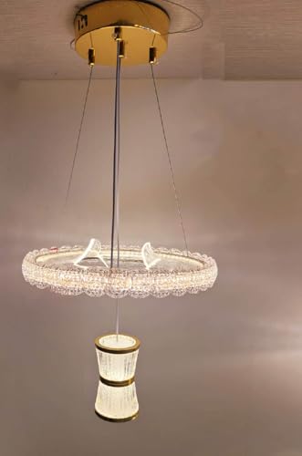Image of Modern Luxury Stylish LED Crystal Ring Gold Finish with 3 Different Color Mode (Warm White, Cool White, Neutral White) Chandelier with Height Adjustable Hanging for Bedroom, Living, Dining,