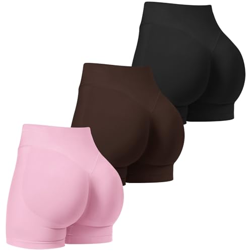 TDIFFUN Workout Shorts for Women 3 Pack Seamless Scrunch Butt Lifting Gym Impact Shorts Yoga Biker Booty Athletic Shorts(Black+Pink+Brown,M)