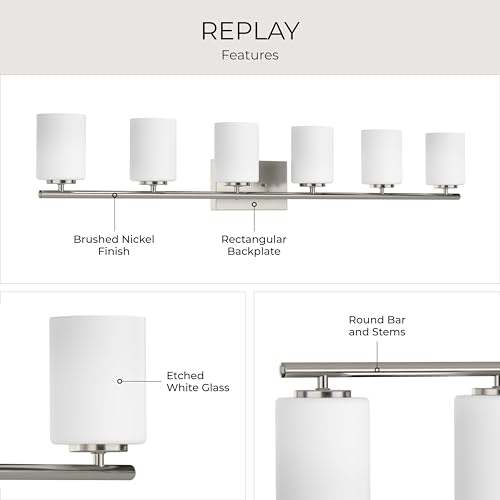 Image of Progress Lighting Replay Collection 48 in. 6-Light Brushed Nickel Etched White Glass Modern Bath Vanity Light