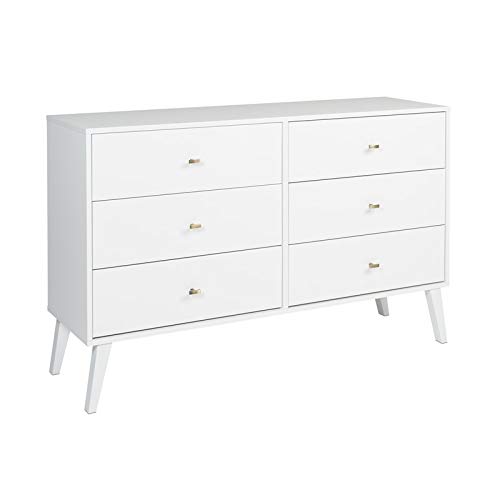 Allora Mid Century Modern 6 Drawer Double Dresser with Brushed Brass Finished Knobs in White