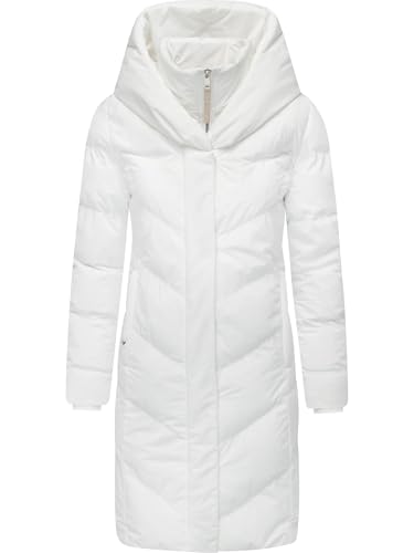 Ragwear Damen Langer Wintermantel warmer Steppmantel mit hohem Kragen und Kapuze Natalka Soft YOUMODO White Gr. M