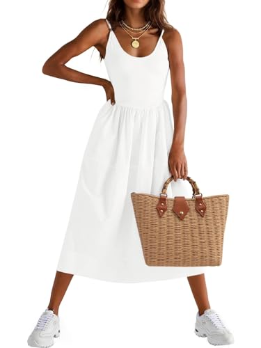 Fisoew Womens Spaghetti Strap Dress V Neck Backless Summer Casual A Line Cami Dress with Pocket White