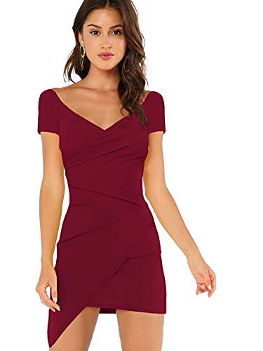 Verdusa Women s Sexy Ruched Side Asymmetrical V Neck Bodycon Short Sleeve Mini Dress Burgundy Plain S