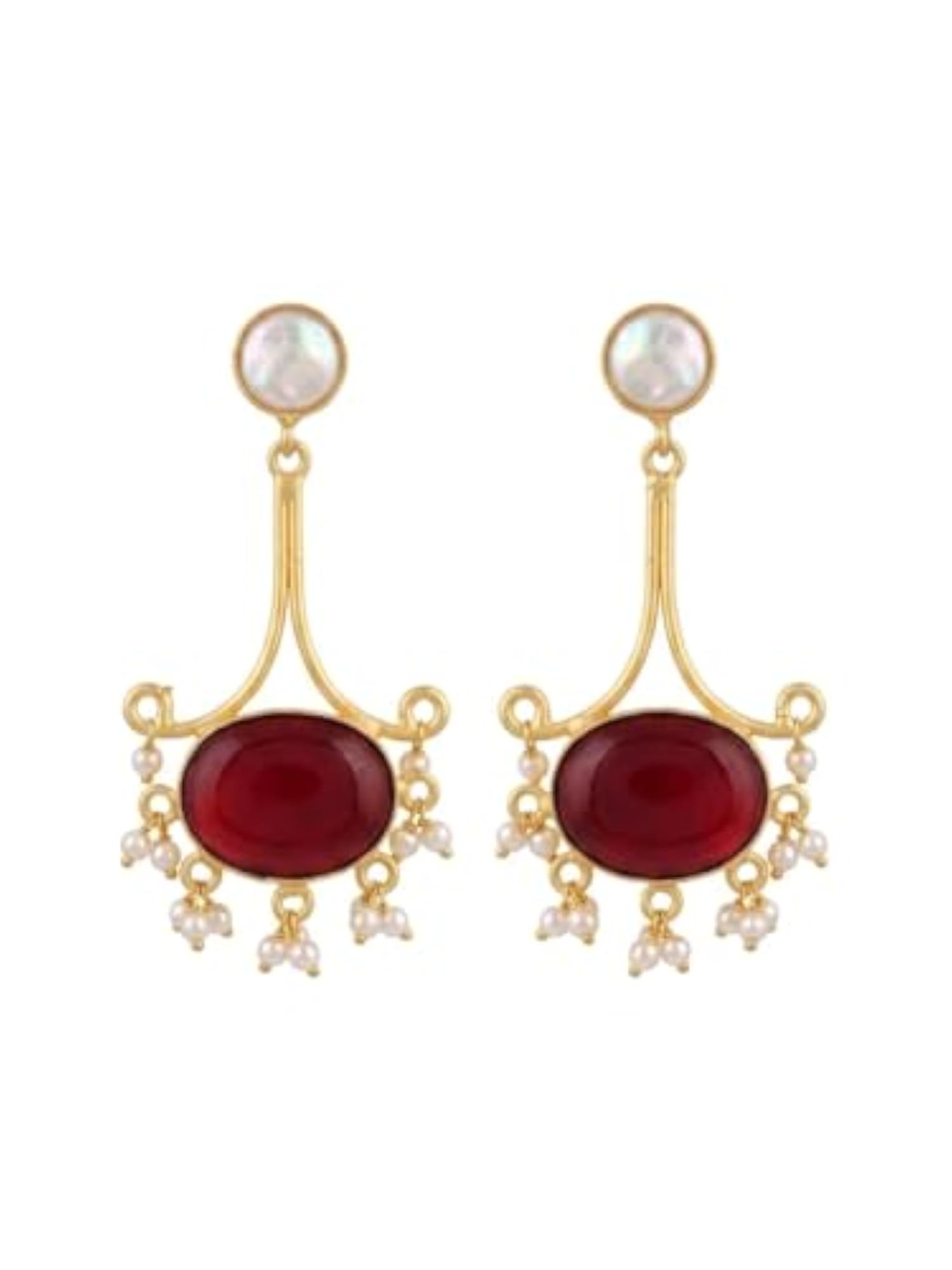 Gold Plated Maroon Stone Drop Earrings, Elegant Jhumka