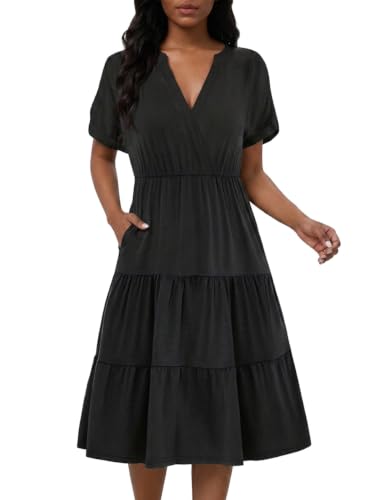 Image of PerZeal Women's Casual Tiered Midi Dress with Pockets - V Neck Short Sleeve Elastic Waist Ruffle Summer Dress for Daily Wear