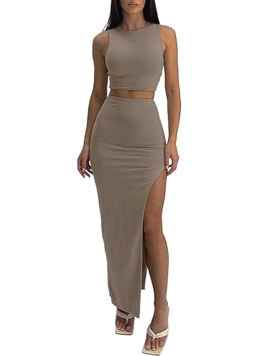 ELLEVEN Two Piece Maxi Skirt Sets Summer 2 Piece Dress Outfits Sexy High Slit Long Skirt and Sleeveless Crop Top for Women Going Out Bodycon Grey X-Small