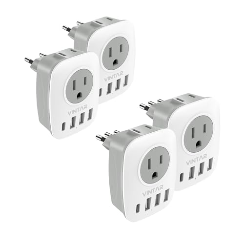 [4-Pack] European Travel Plug Adapter USB C, VINTAR US to Europe and Italy Plug Adapter with 2 Outlets 4 USB Charger (1 USB C Port)
