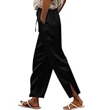 pantalon satin homme Pantalon droit en satin de soie pour femme : pantalon en satin de soie pour femme, pantalon en satin de soie à taille élastique, jambe droite, cordon de serrage, fente latérale soyeuse longueur cheville, pantalon habillé et décontracté. Le tissu en satin de polyester offre un toucher lisse et soyeux, un confort léger, un port respirant et un drapé brillant élégant. Parfait pour le bureau, les tenues décontractées d'affaires, les dîners, les voyages et le style chic quotidien - Pantalon en satin pour femme