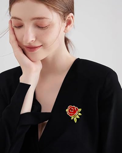 Image of Dainty Rose Flower Leaf Brooch Pin for Women Unisex Elegant Enamel Crystal 3D Floral Dainty Dress Accessories Birthday Holiday Jewelry Gift