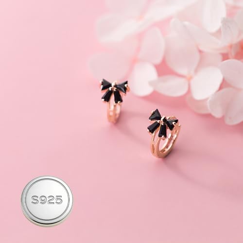 Image of Reffeer Solid 925 Sterling Silver Bow Hoop Earrings Huggie for Women Teen Girls Black CZ Bowknot Hoop Earrings Ribbon Cartilage Huggie