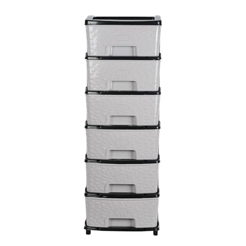 Image of Amazon Basics Plastic 6 Tier Multipurpose Modular Drawer Storage Rack | Kitchen & Home Essentials Organizer Storage Box Cabinet | Almira Set for Stationary, Kitchen, Cosmetic | Black & Grey