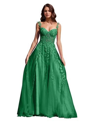 Image of Long Tulle Prom Dresses 2025 V Neck Floral Long Ball Gowns for Women Lace Applique Formal Evening Gowns ACE159