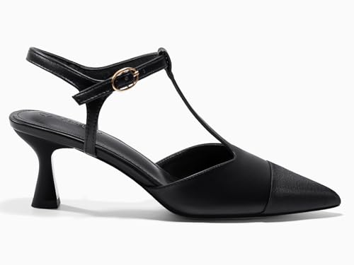 Coutgo Womens Kitten Heels Slingback Pumps Closed Pointed Toe Two Tone Ankle T Strap Office Dress Shoes4