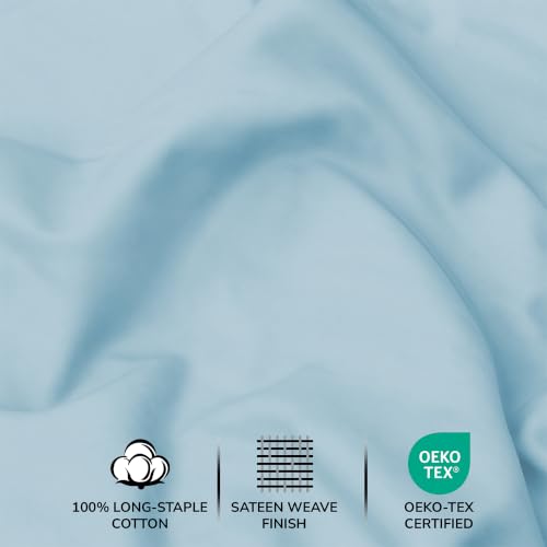 Image of Feather & Stitch 500 TC King Size 4pc Damask Bed Sheet Set, 100% Soft Cotton Breathable Bedsheets, 18 inch Deep Pockets Sateen Weave Solid Bedding Mattress Resort Hotel Luxury Decor - (Feather Blue)