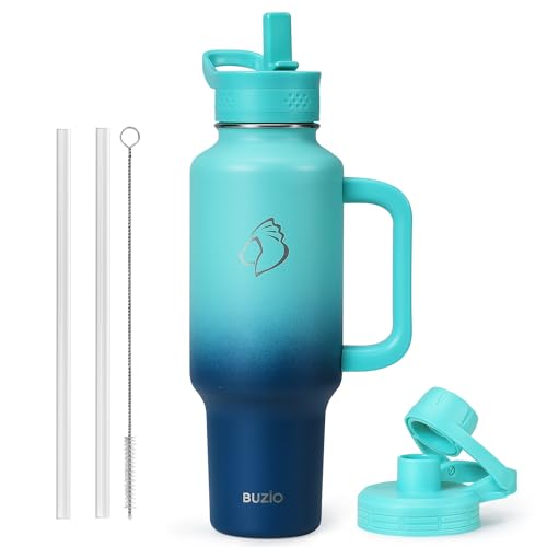BUZIO Stainless Steel Water Bottle Fits in Cup Holder with Straw Spout Lid, 40 oz Insulated Tumbler with Handle, Double Wall Travel Mug Keep Cold 48hrs Hot 24hrs, Caribbean Blue