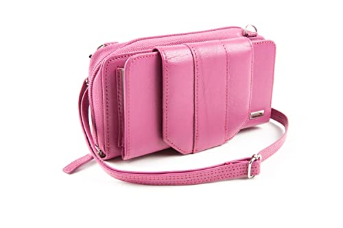 Women's Wallet RFID Cell Phone Purse Leather Crossbody with Accordion Pebbled Pink Rose Grenadine