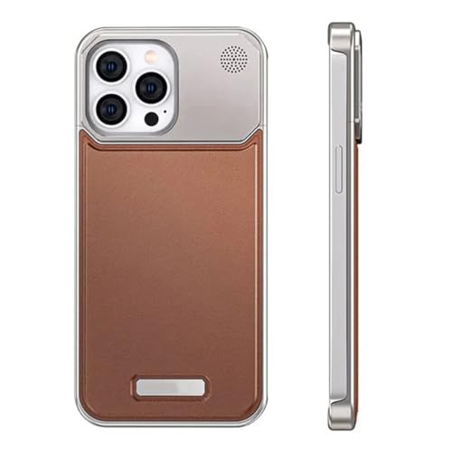Image of Business Leather Phone Case Compatible with iPhone 16 Pro Max Case Wireless Charging | Aluminum Alloy Eco-Friendly Cloth Aroma Therapy Phone Case (Brown)