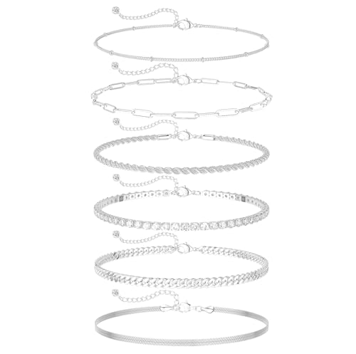 DEARMAY Dainty Silver Ankle Bracelets for Women Waterproof, S925 Sterling Silver Anklets Jewelry Layered Cuban Chain Herringbone Cute Anklets Set Pack Summer Beach Gift for Women Teen