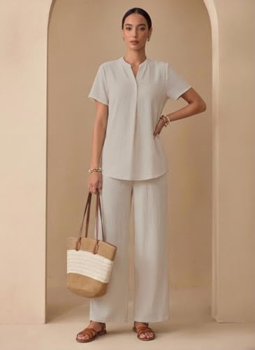 Image of TOPLOT Women's Co-ord Set | Stylish Matching Top & Bottom Set | Notch Neckline with Button Detail | Loose-Fit, Short-Sleeve Top with a Relaxed Silhouette |Ideal for Casual (5250)
