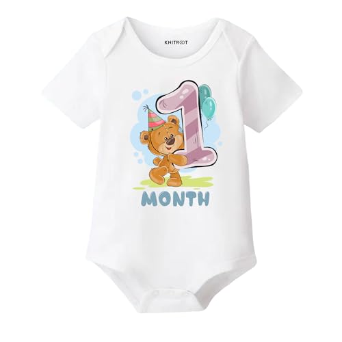 Image of Knitroot Monthly Birthday Teddy Special, Newborn Baby Half Sleeve Unisex Romper, Onesies, Sleepsuit, Body Suit, Envelope Neck, 1 to 12 Months Print, 0-12 Months, Infant Cloth for Boys & Girls