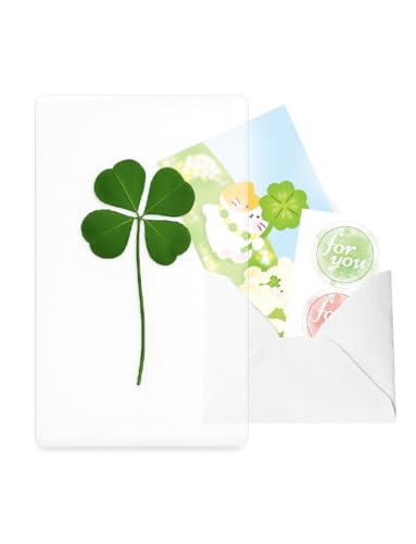 Genuine Real Four-Leaf Clover Bookmark Elegant Four-Leaf Clover Bookmark Smartphone Wallet Coated Gift Thank You Card Four-Leaf Clover Gift (Cute Character Card)