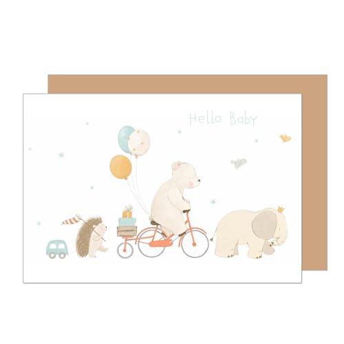 Edition Seidel Tarjeta de felicitación para nacimiento premium con sobre. Tarjeta de bebé de eventos Billet Hello Baby animales globos niño niña (E278 SW024)