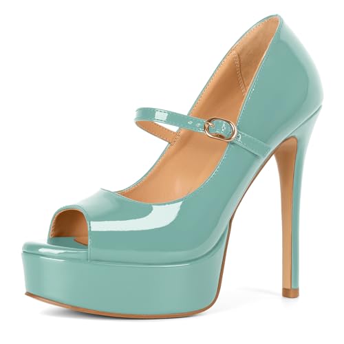 Image of SAMMITOP Women's Peep Toe High Heels Platform Stiletto Pumps Patent Mary Jane Heels 5.5 inch Party Wedding Dress Shoes