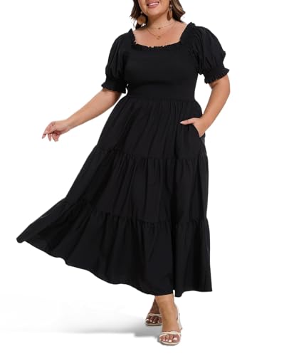 Women's Plus Size Casual Maxi Dress Square Neck Smocked Dress Short Puff Sleeve Floral Solid Summer Dress