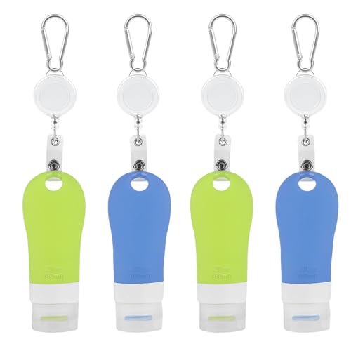 LUEXBOX 4 PACK Portable Travel Bottle Set, Leakproof Silicone Bottles with Stretchable Lanyard, Travel Sized Empty Liquid Bottles Container, Reusable, Squeezable and Refillable (Blue & Green)