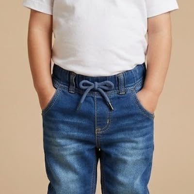 Image of A.T.U.N. (ALL THINGS UBER NICE) Boys Premium Cotton Jogger Jeans with Elastic Waist & Adjustable Drawstring | Soft Washed Denim Look Comfortable Bottom Wear for Kids