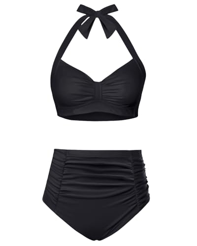 Holipick Black Women High Waisted Bikini Set Two Piece Swimsuit Tummy Control Bathing Suit Vintage Halter Swimwear M