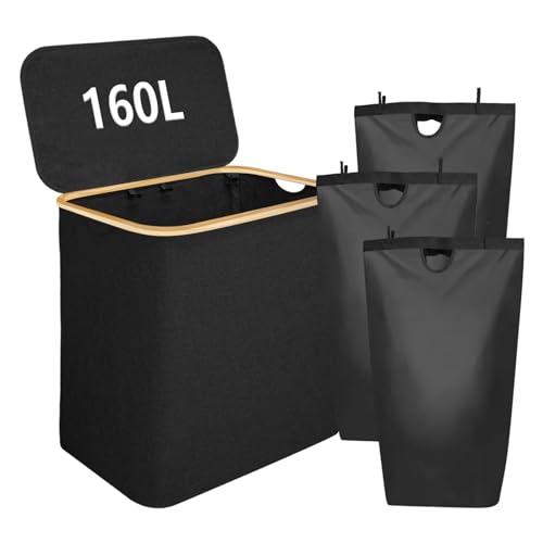Gabrella 160L Laundry Basket with Lid, 3 Section Laundry Hamper, Collapsible Washing Basket with Removable Bags & Bamboo Handles for Bathroom Bedroom Dorm, Black