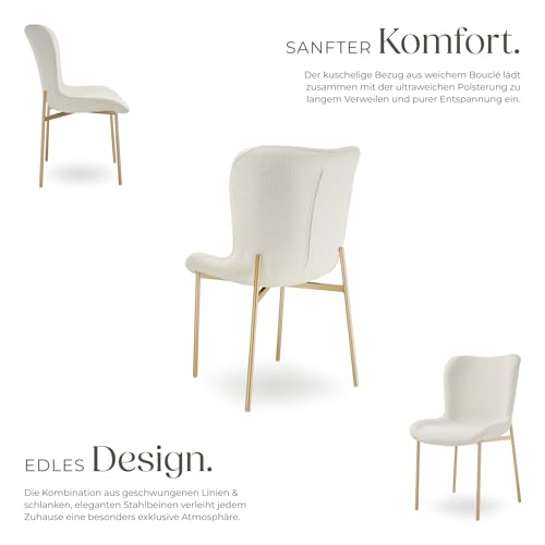 tectake® Polsterstuhl, Bouclé Stoff, Stuhl für Küche, Esstisch, Sessel für Schminktisch, oder Cocktailsessel, als Elegante Esszimmerstühle oder Wohnzimmerstühle für edles Dining - Bouclé weiß/Gold
