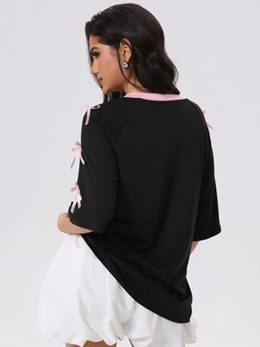 Verdusa Women's Bow Tie Oversized Jersey Shirts Hip Hop V Neck Short Sleeve Graphic Tees2