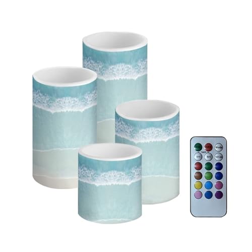 Image of Flameless Flickering Candles with Remote Set of 2, Beach Light Blue, Color Changing Battery Operated LED Candles with Timer for Home Indoor Coastal Decoration