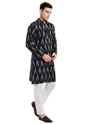 Image of SKAVIJ Men's Pure Cotton Printed Kurta Pajama Set Ikat Design Casual Ethnic Dress