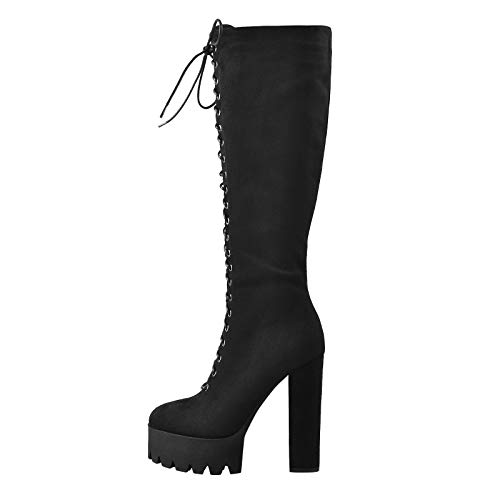 Onlymaker Women’s High Heels Closed Round Toe Lace Up Zipper Knee High Boots Black Size 15 #TOP17