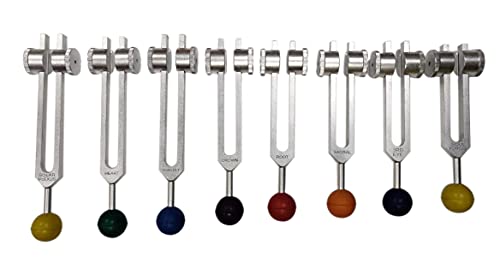 Radical 8 Chakra & Soul Purpose Cosmic Weighted Healing Tuning Forks with Chakra Colored Rubber Balls, Activator & Pouch