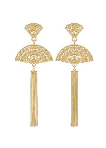 Pendientes Flamencos de Abanico con Hilos de Metal Colgantes, Color Dorado, Estilo Festivo