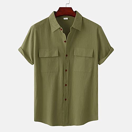 Chemise hawaïenne hommes manches courtes en lin premium coupe droite haut décontracté vert armée
