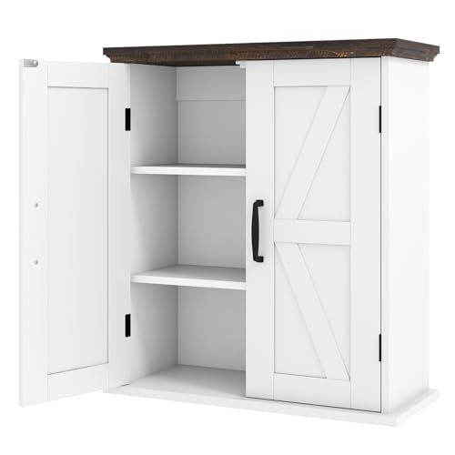 GIANTEX Hängeschrank, Wandschrank mit 2 verstellbaren Regalen & 2 Türen, platzsparender Badezimmerschrank im Landhausstil, Medizinschrank für Badezimmer, Küche & Wohnzimmer, 53,5 x 22,5 x 60 cm