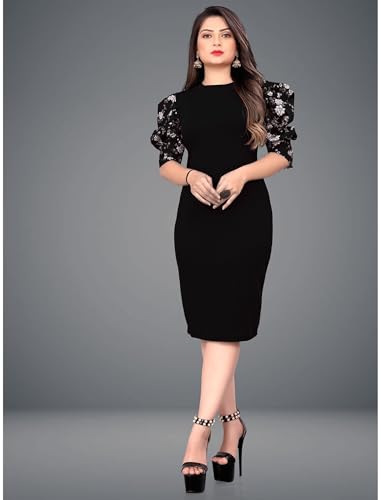 Image of KUDUZO Women's Black and Purple Lycra Fit and Flare High Low Knee Length Round Neck Floral Puff Sleeves S to 2XL Size Dress (SP-T3B6FPF97VRVW7YH)