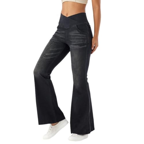 Image of Women Yoga Jeans Bell-Bottoms Cross High Waisted High Stretch Denim Pants Sports and Fitness Casual Cowboy Trousers (Dark Gray,X-Large)