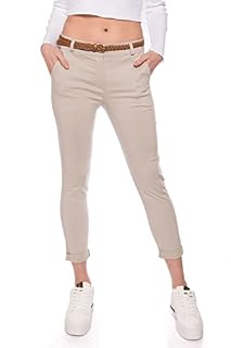 Kendindza Chino Damen Hose Stretch mit Gürtel Stoffhose Damen elegant lang (L, Beige)